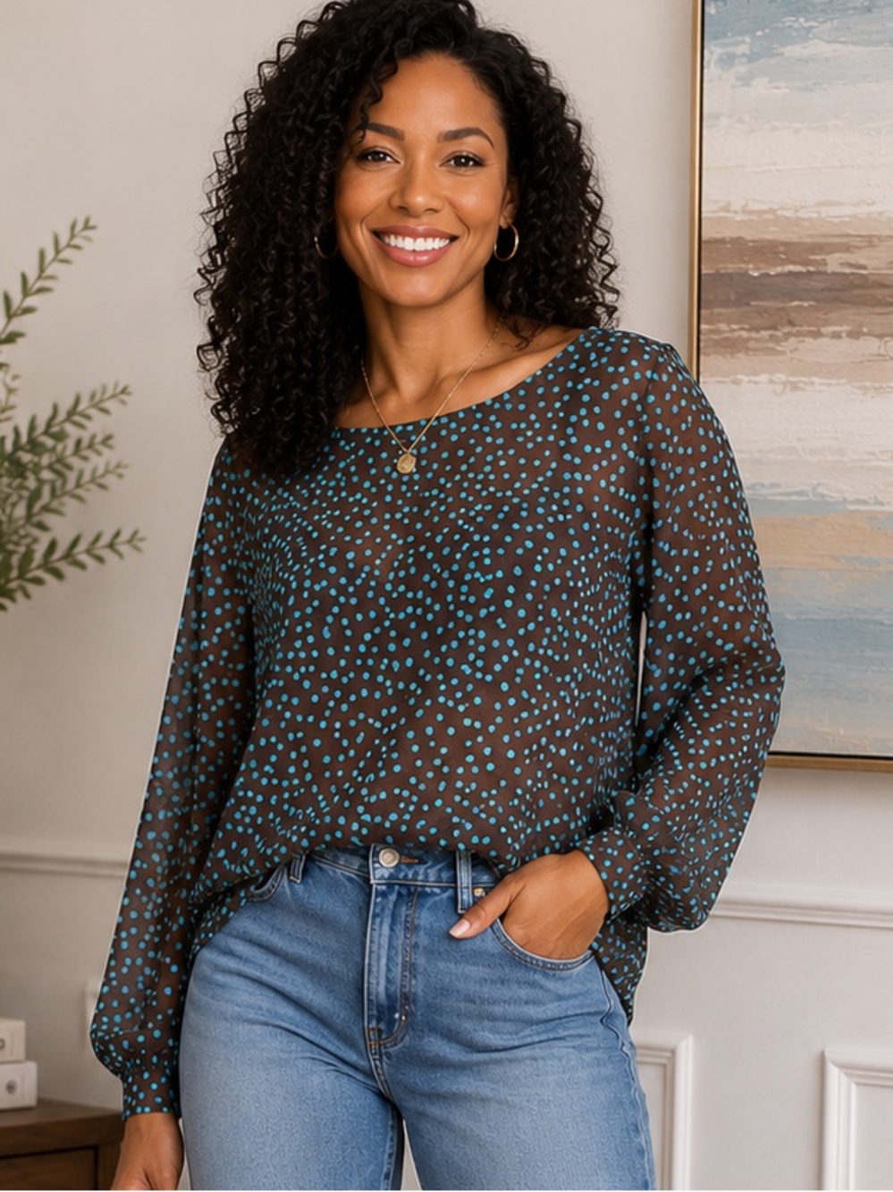 Ann Taylor LOFT Black & Turquoise Polka Dot Sheer Blouse XL Long Sleeve